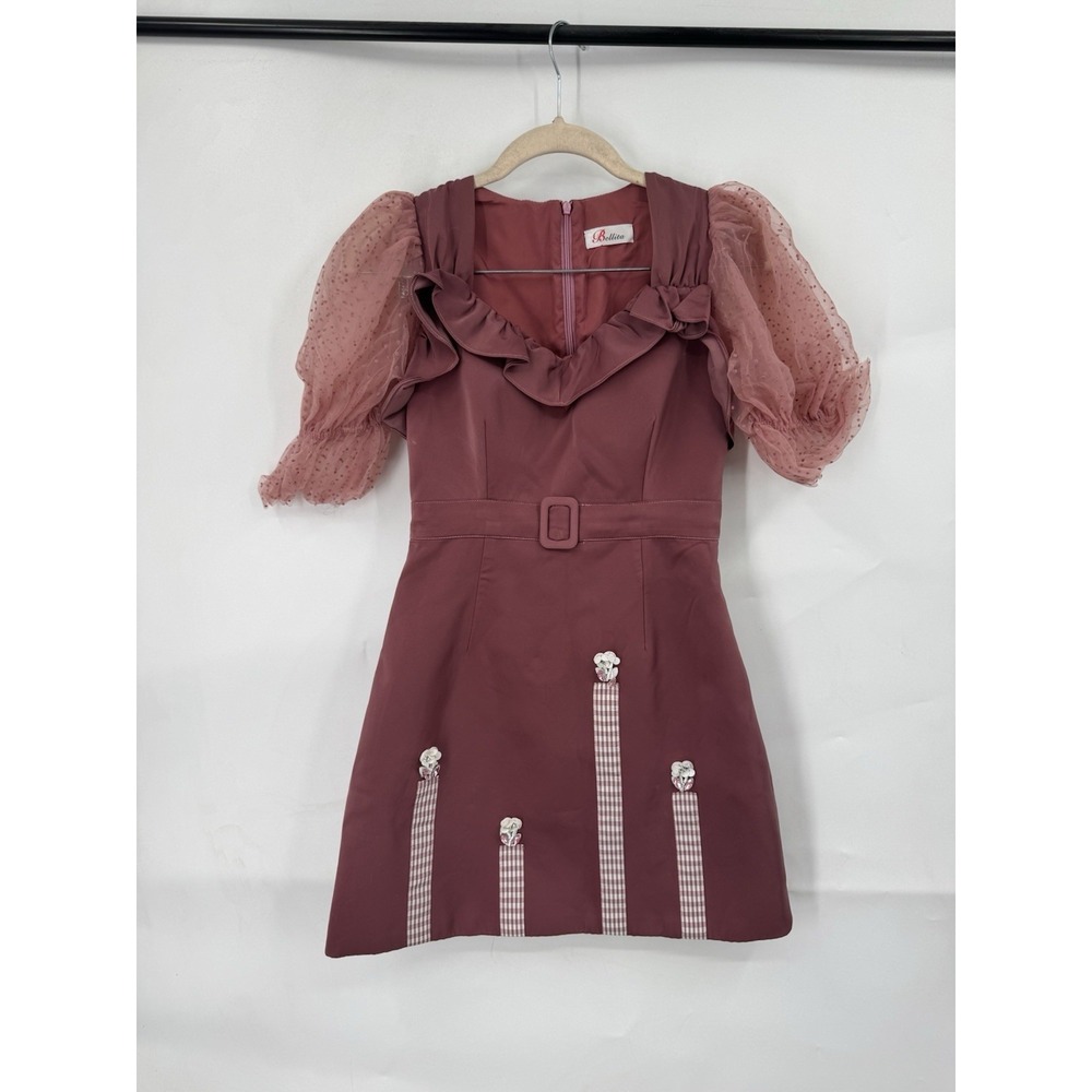 Bellita Mini Dress Women XS Mauve Coquette‎ Puff Sleeve Floral Sequin whimsical